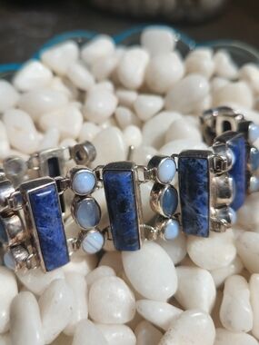 Sterling Silver Blue Sodalite and Opal Or Chalcedony Link Bracelet - Blue